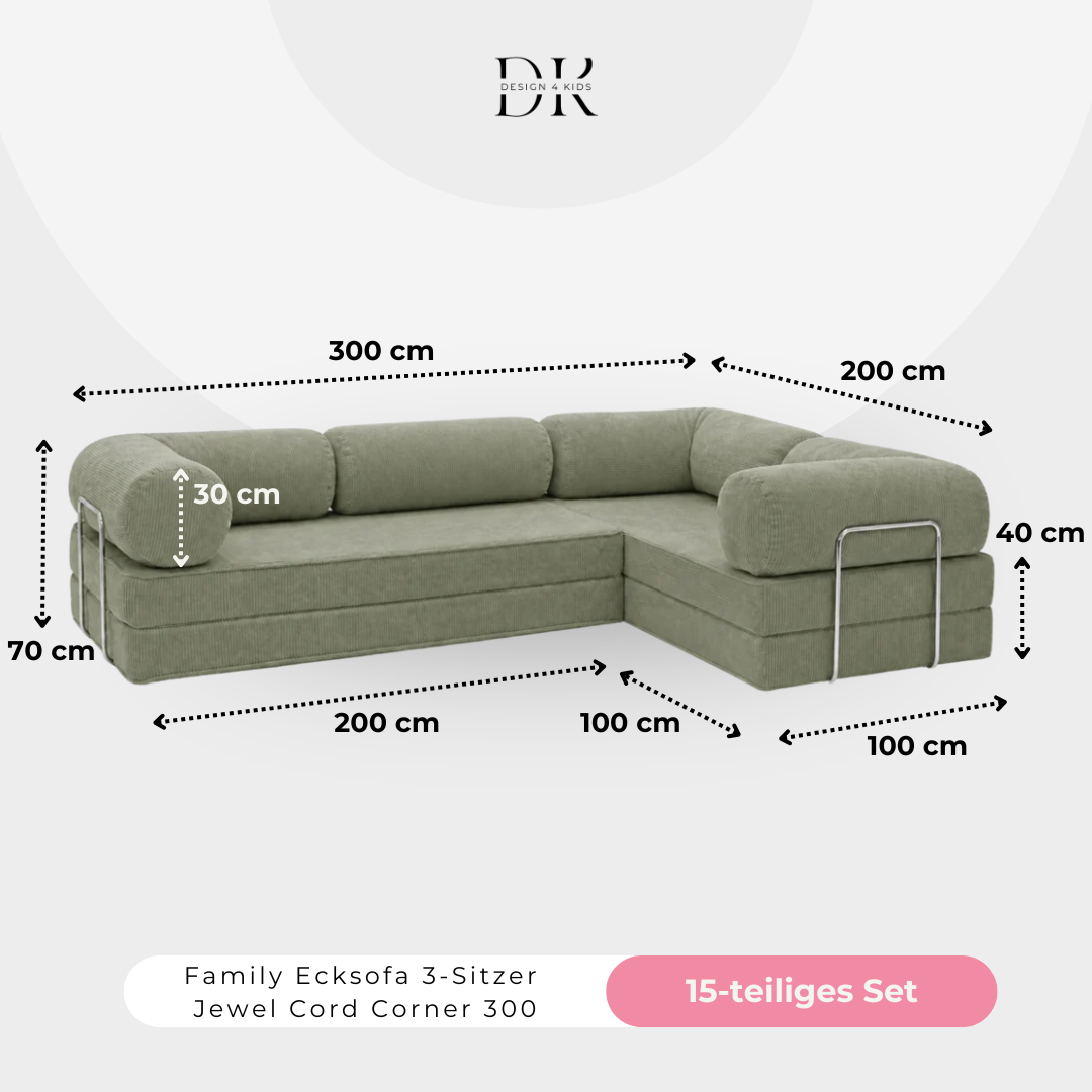 Design4Kids Family Ecksofa 3-Sitzer Jewel Cord Corner 300