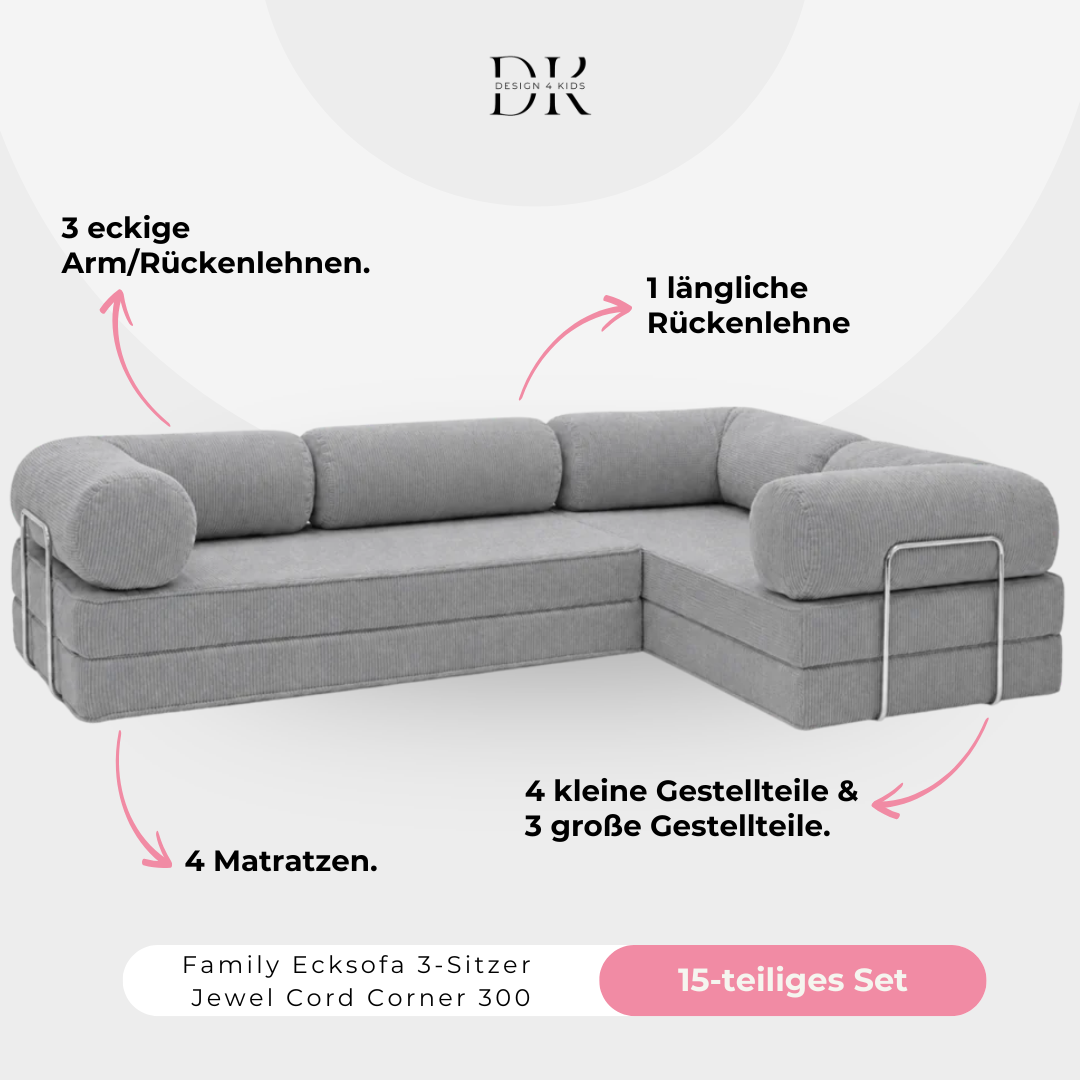 Design4Kids Family Ecksofa 3-Sitzer Jewel Cord Corner 300