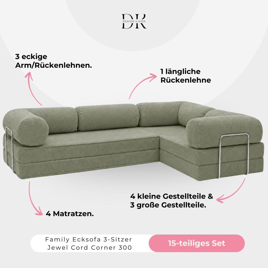 Design4Kids Family Ecksofa 3-Sitzer Jewel Cord Corner 300
