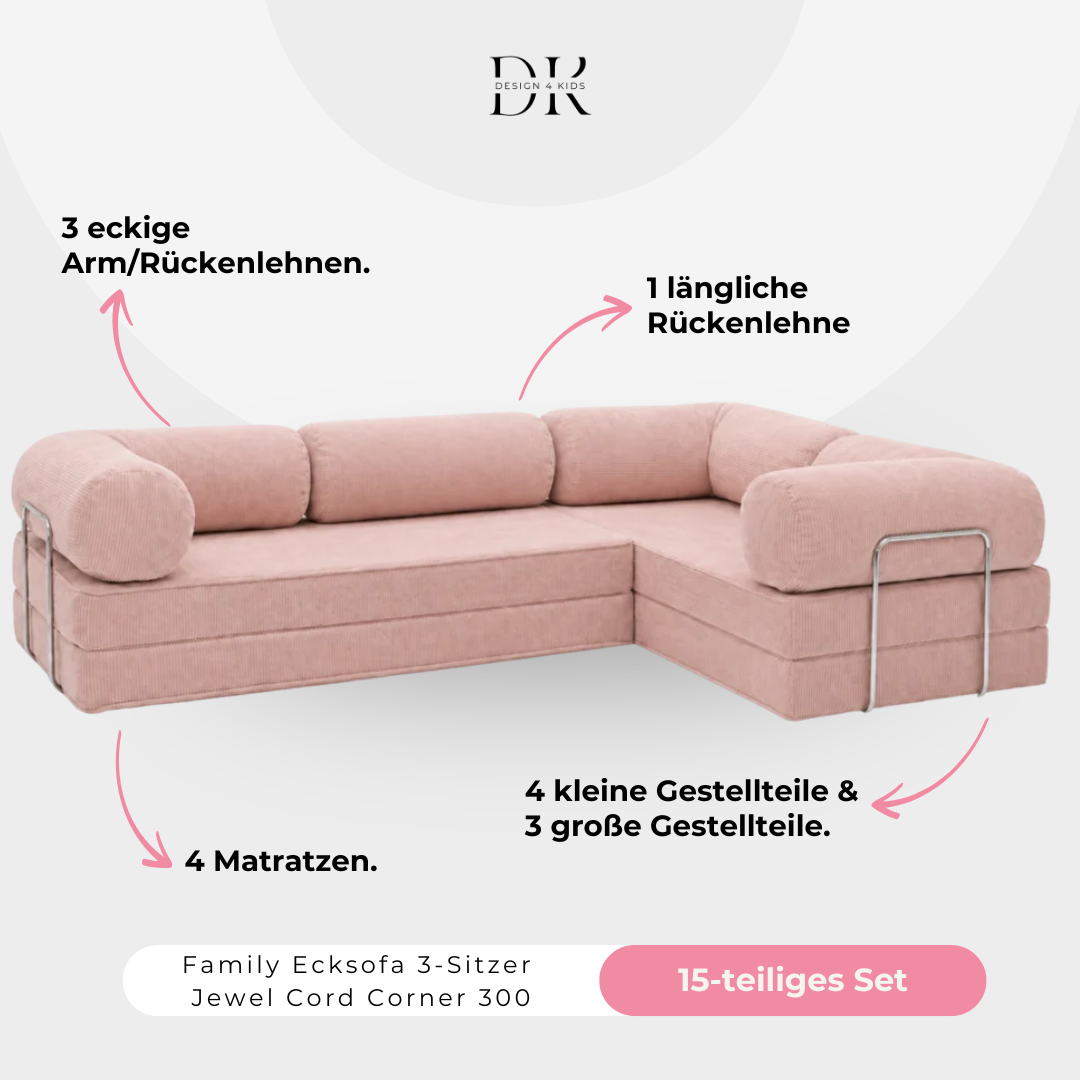 Design4Kids Family Ecksofa 3-Sitzer Jewel Cord Corner 300