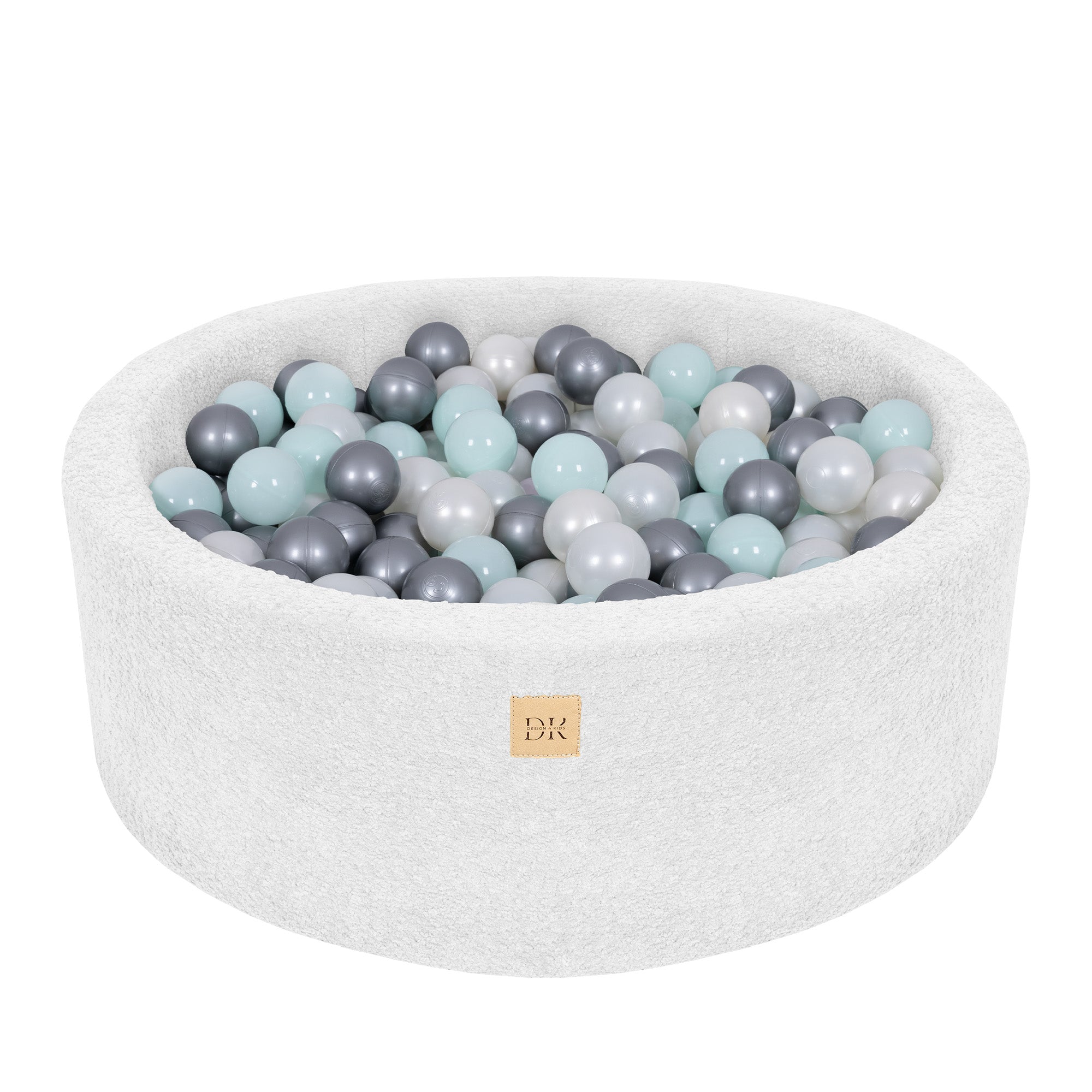 Design4Kids Bällebad Lumi 90x30cm Bouclé cloudy white, 200 Bällen - weiß, mintpearl, silber