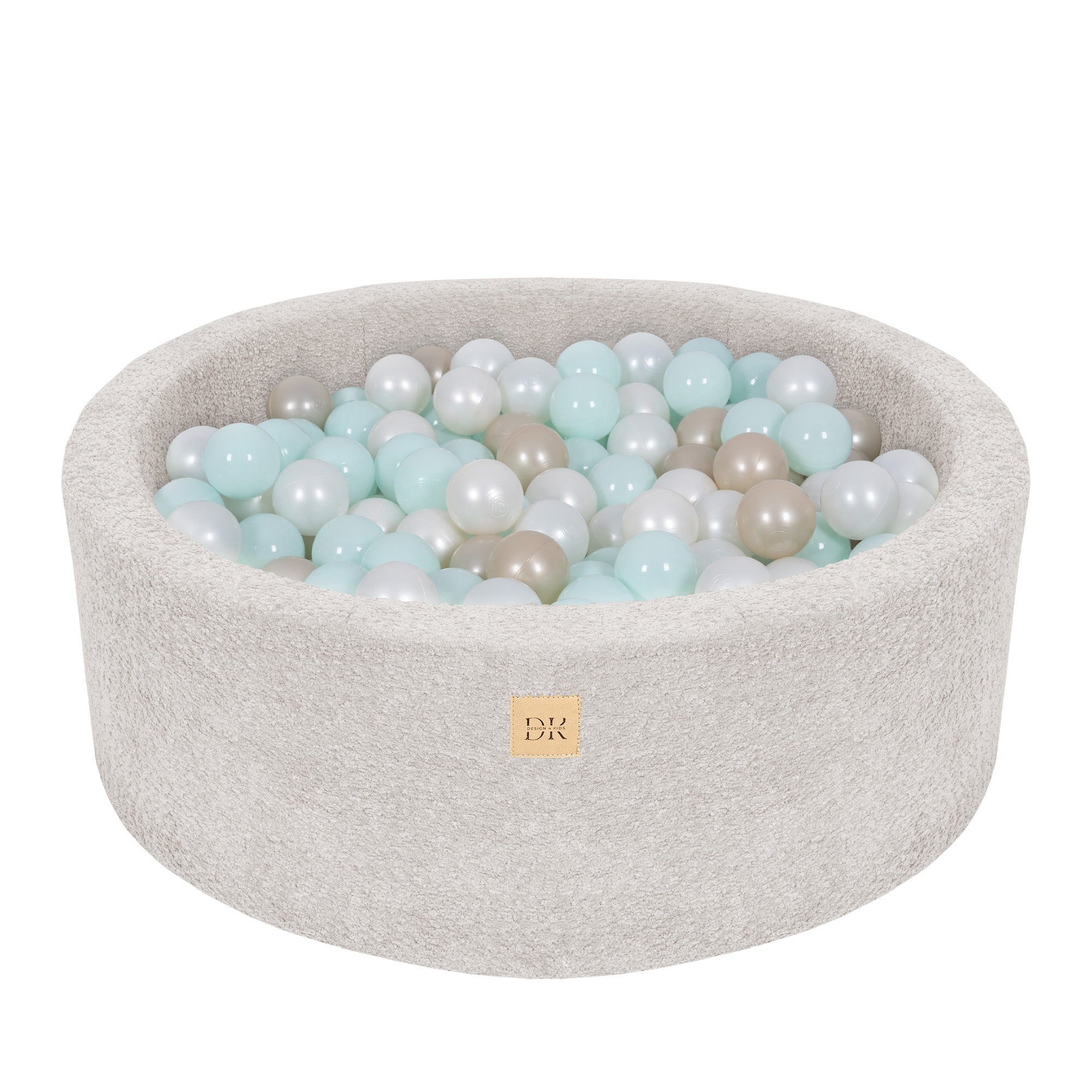 Design4Kids Bällebad Lumi 90x30cm Bouclé vintage beige, 200 Bällen - pearl, mintpearl, gold