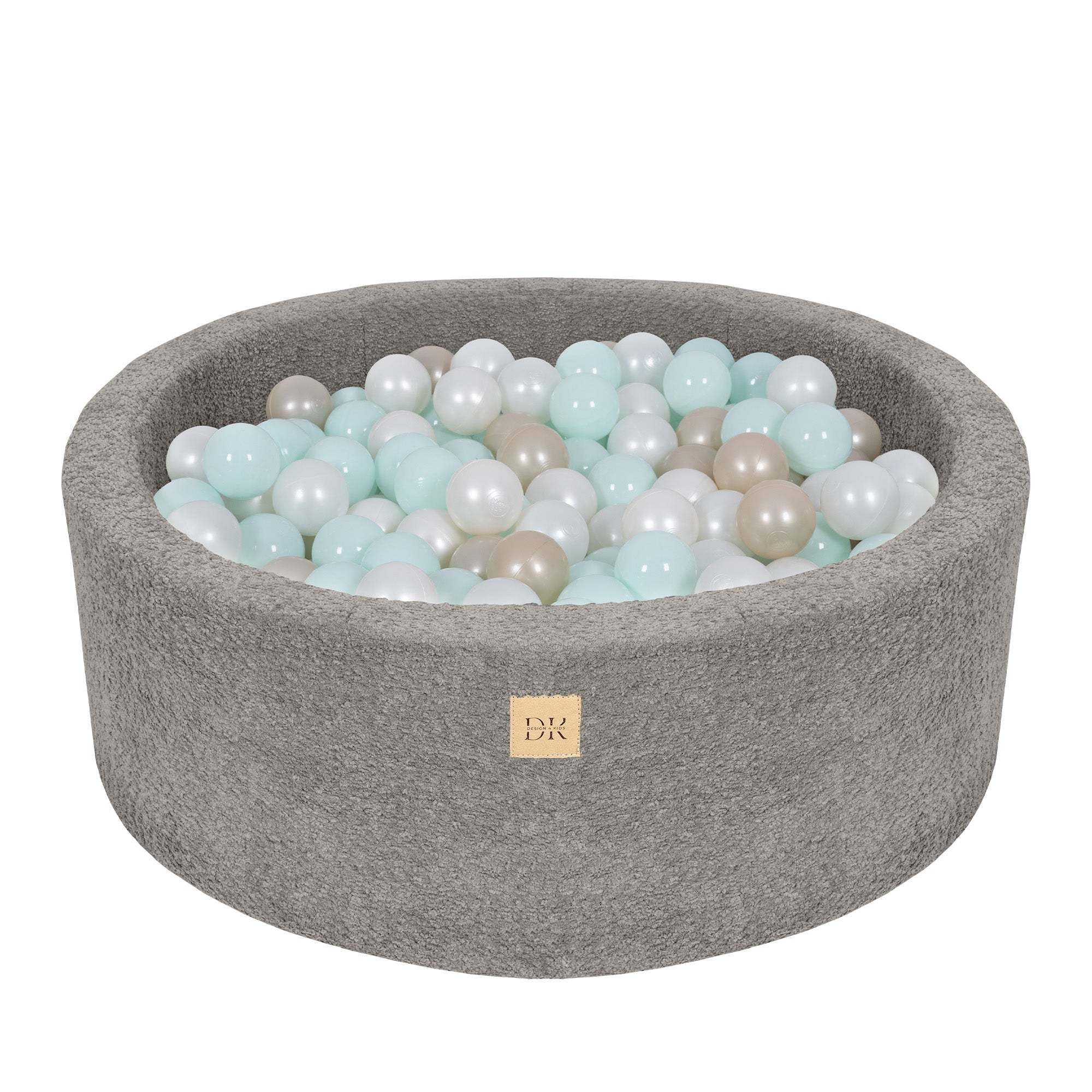 Design4Kids Bällebad Lumi 90x30cm Bouclé hazelnut taupe, 200 Bällen - pearl, mintpearl, gold