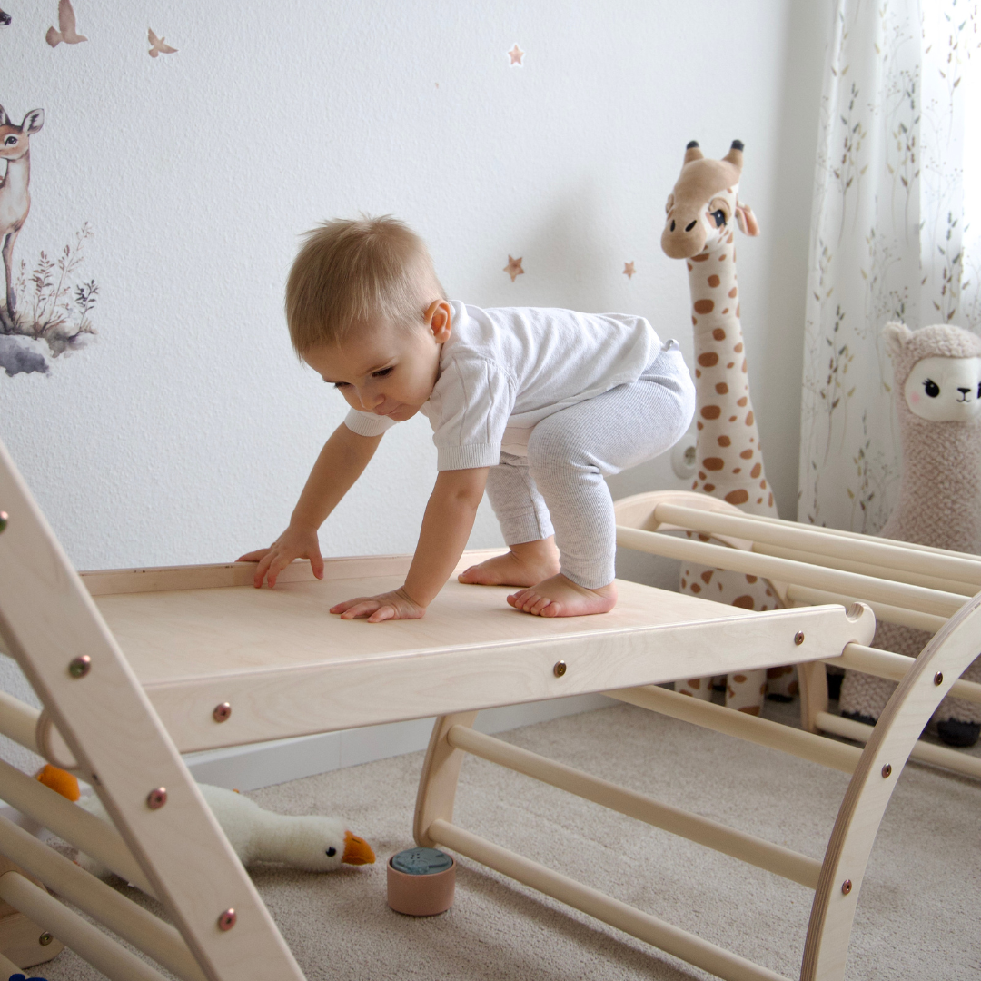 Design4Kids Montessori Kletterset Katta - dreiseitiges Kletterdreieck mit Nylonseil, Rutsche und Kletterbogen