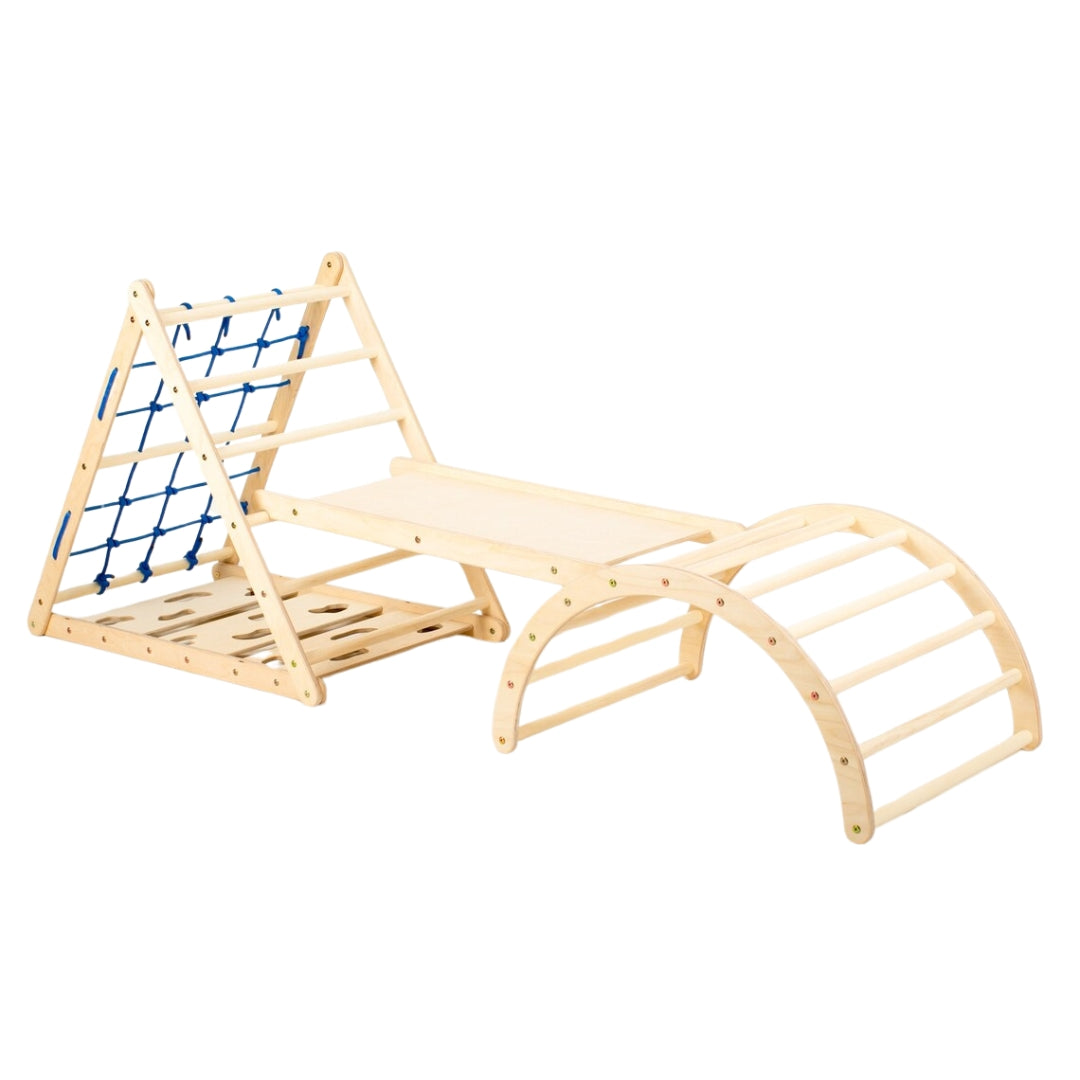 Design4Kids Montessori Kletterset Katta - dreiseitiges Kletterdreieck mit Nylonseil, Rutsche und Kletterbogen