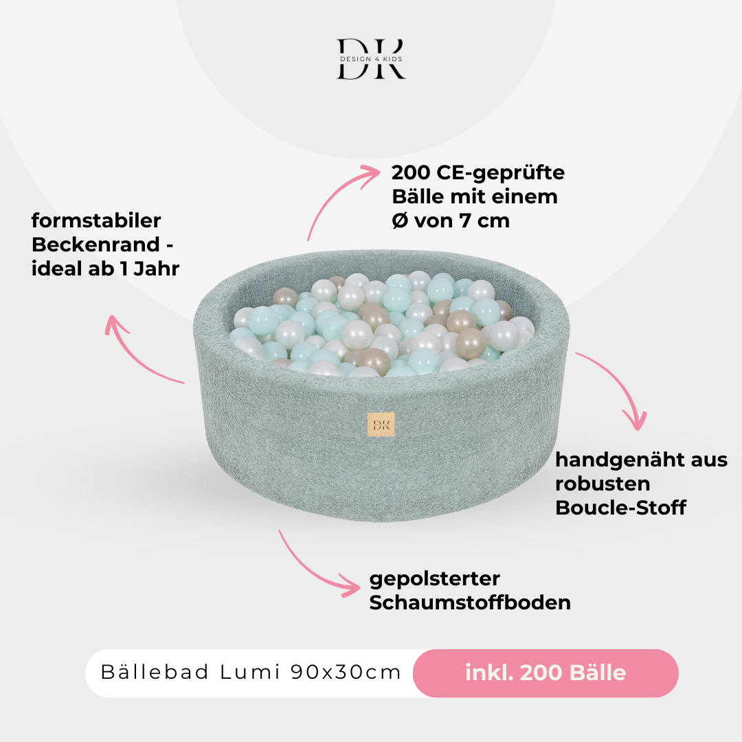 Design4Kids Bällebad Lumi 90x30cm Bouclé, 200 Bälle - eigene Farbauswahl