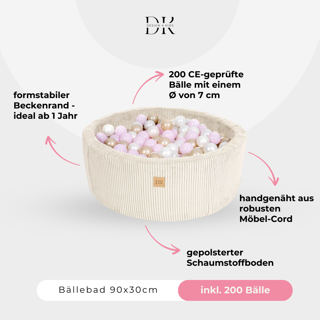 Design4Kids Bällebad Jewel 90x30cm Cord, 200 Bälle - eigene Farbauswahl