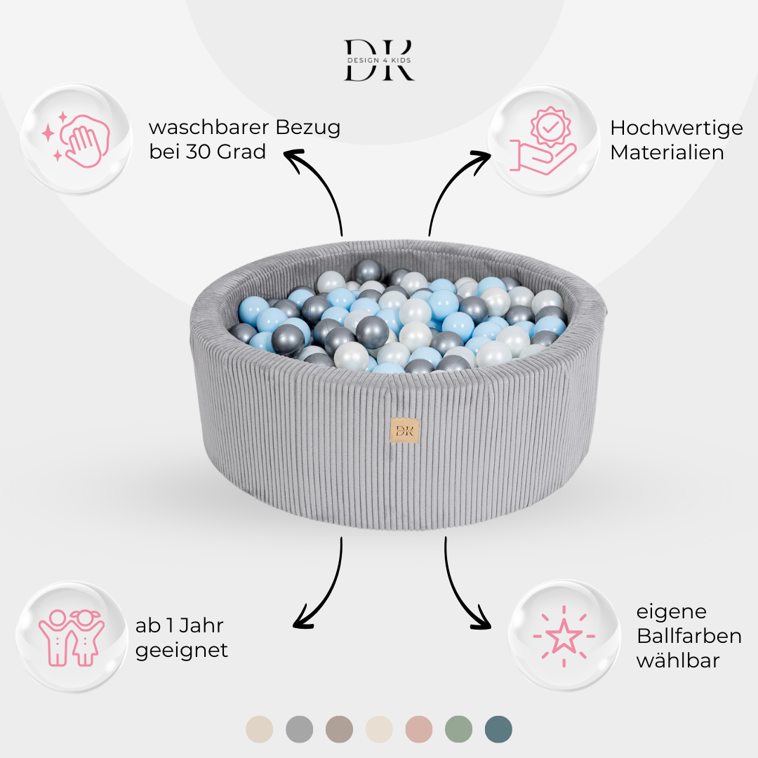 Design4Kids Bällebad Jewel 90x30cm Cord, 200 Bälle - eigene Farbauswahl