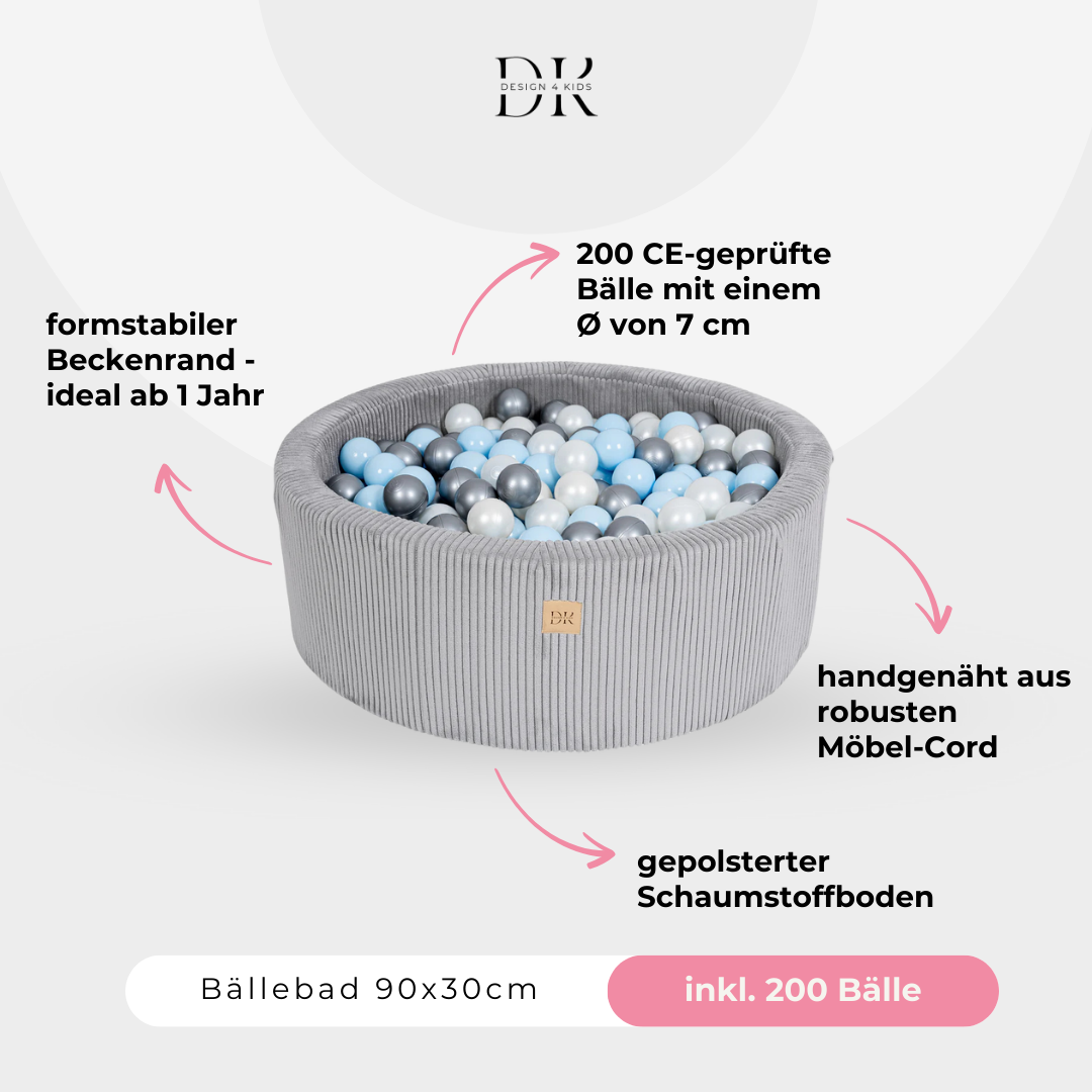 Design4Kids Bällebad Jewel 90x30cm Cord, 200 Bälle - eigene Farbauswahl