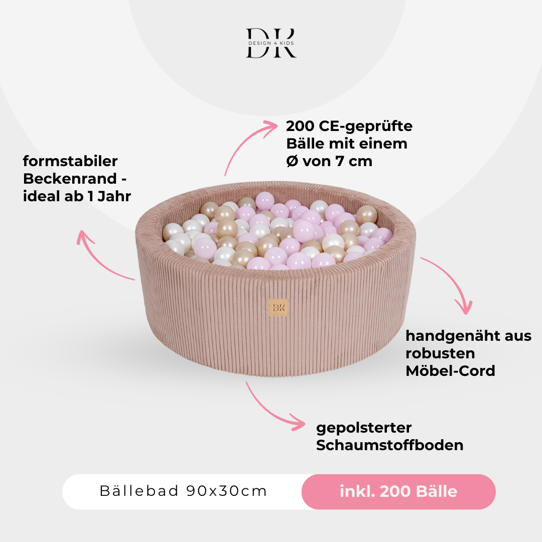 Design4Kids Bällebad Jewel 90x30cm Cord, 200 Bälle - eigene Farbauswahl