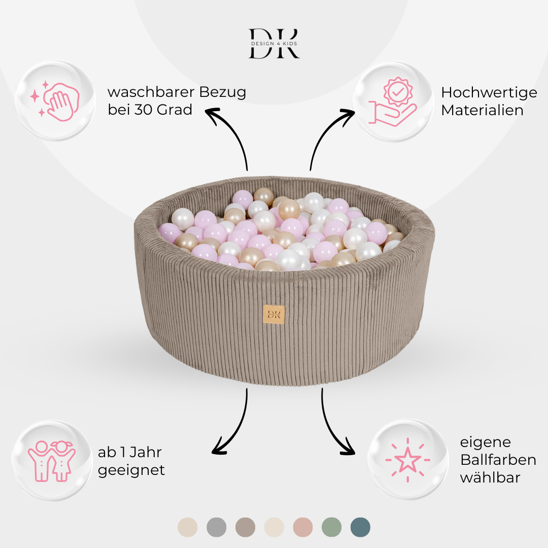 Design4Kids Bällebad Jewel 90x30cm Cord, 200 Bälle - eigene Farbauswahl
