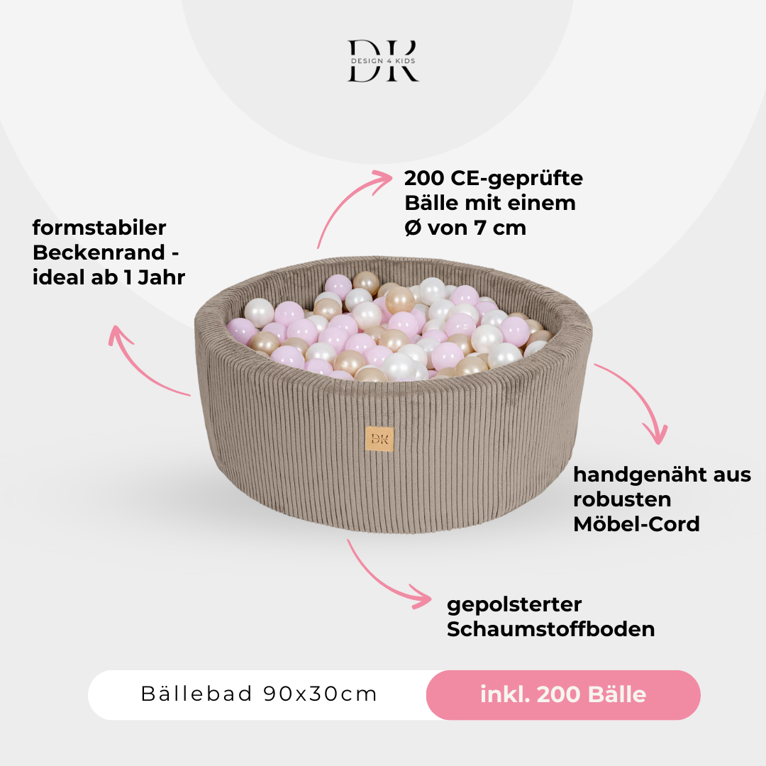 Design4Kids Bällebad Jewel 90x30cm Cord, 200 Bälle - eigene Farbauswahl
