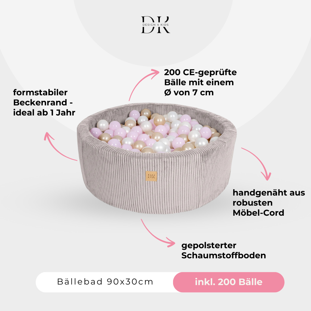Design4Kids Bällebad Jewel 90x30cm Cord, 200 Bälle - eigene Farbauswahl