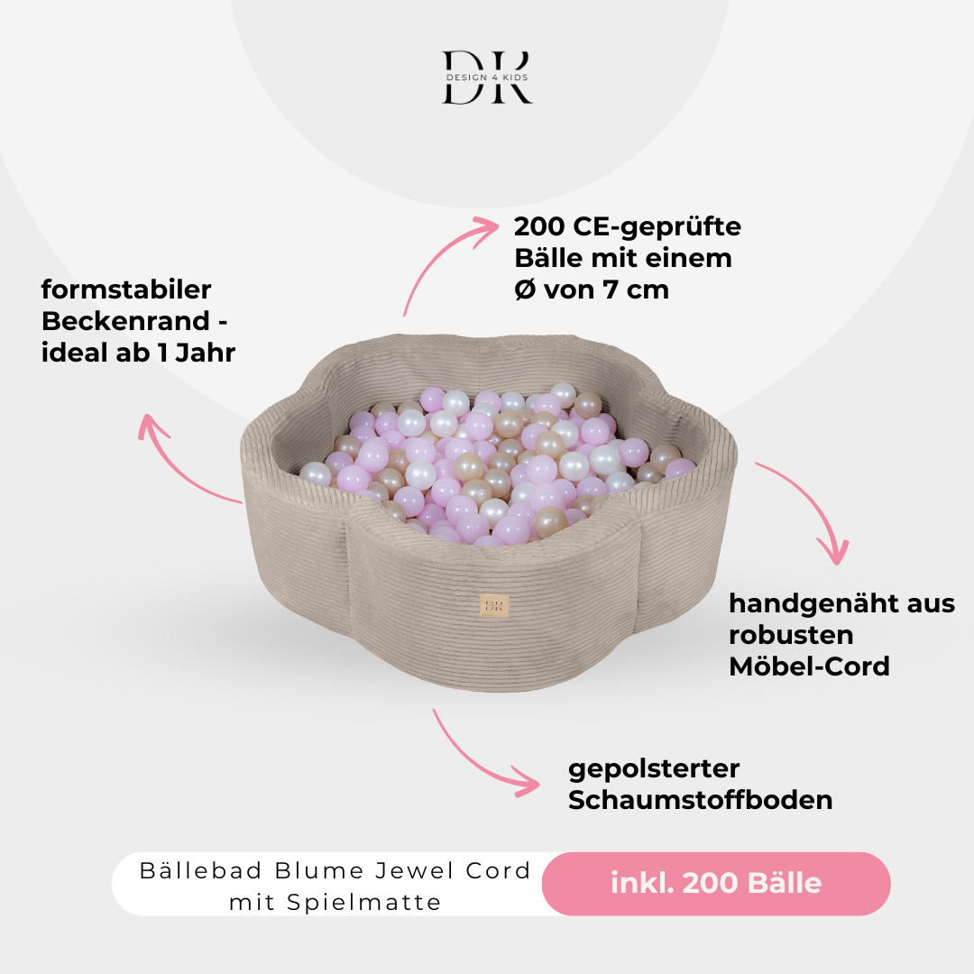 Design4Kids Bällebad Blume Jewel Cord mit Spielmatte, 200 Bälle - eigene Farbauswahl