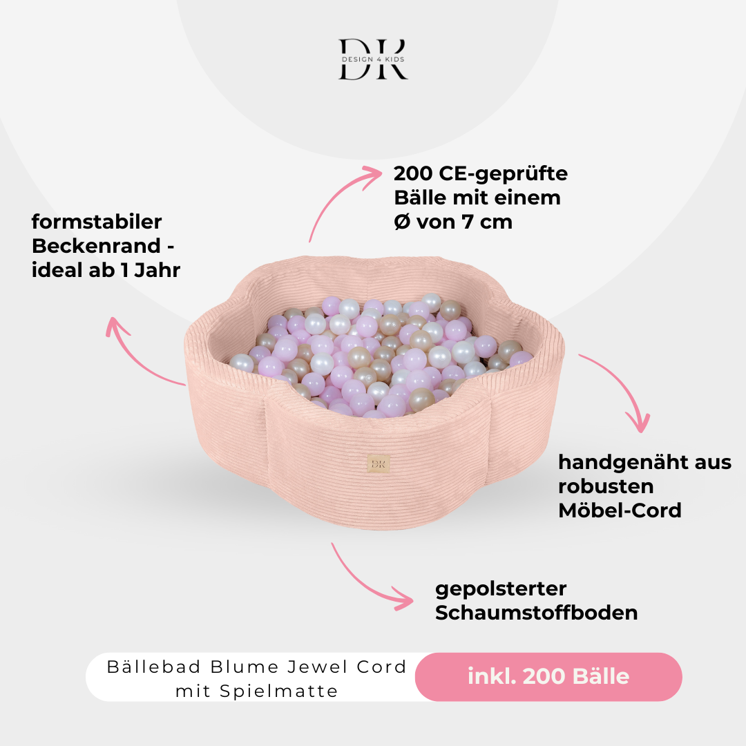 Design4Kids Bällebad Blume Jewel Cord mit Spielmatte, 200 Bälle - eigene Farbauswahl
