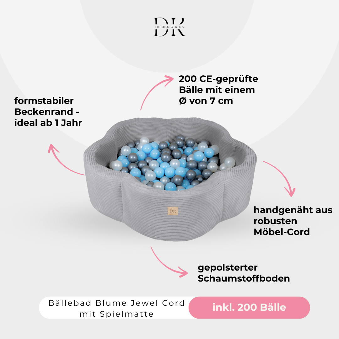 Design4Kids Bällebad Blume Jewel Cord mit Spielmatte, 200 Bälle - eigene Farbauswahl