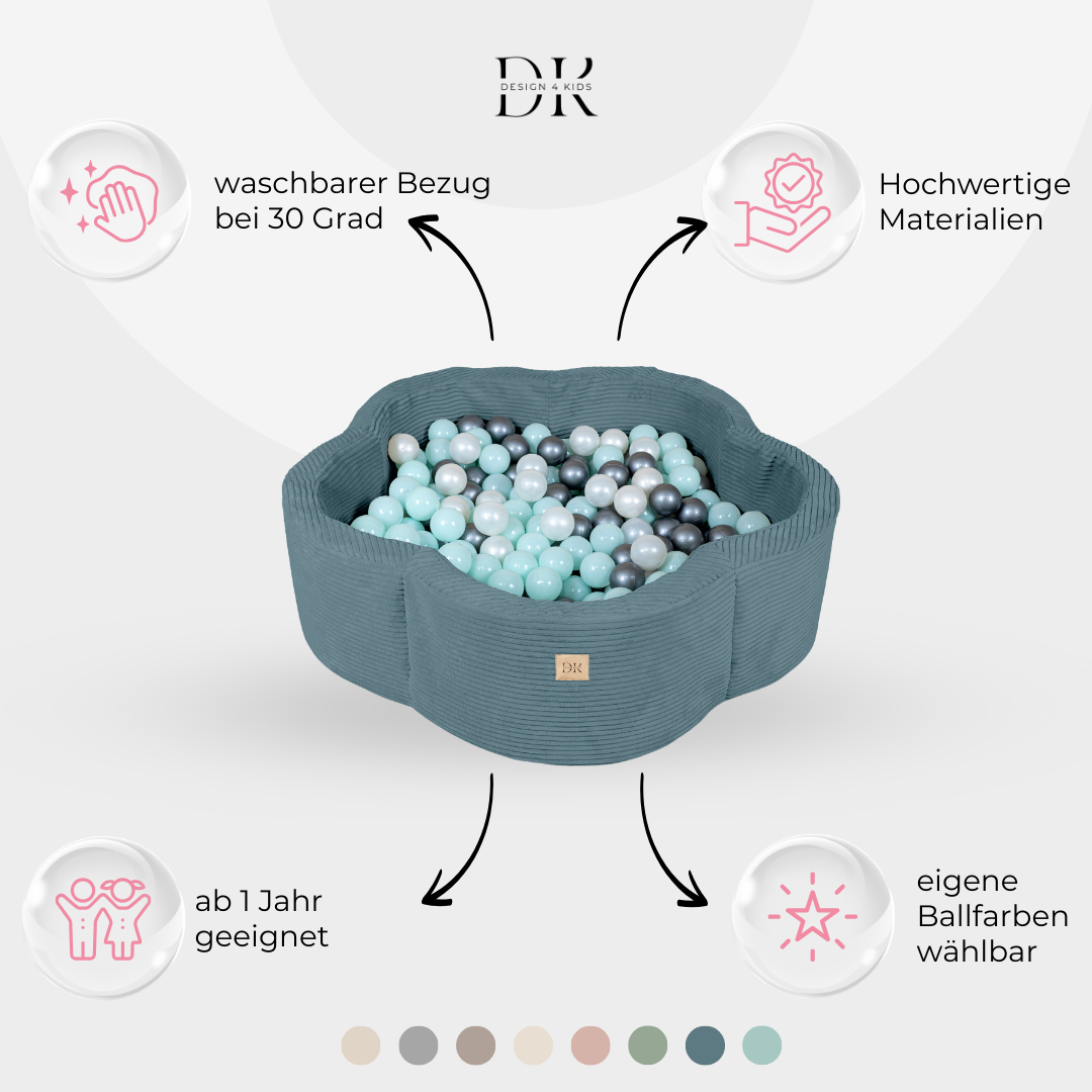 Design4Kids Bällebad Blume Jewel Cord mit Spielmatte, 200 Bälle - eigene Farbauswahl