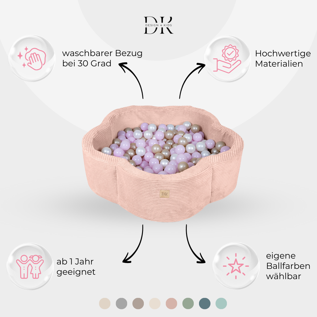Design4Kids Bällebad Blume Jewel Cord mit Spielmatte, 200 Bälle - eigene Farbauswahl