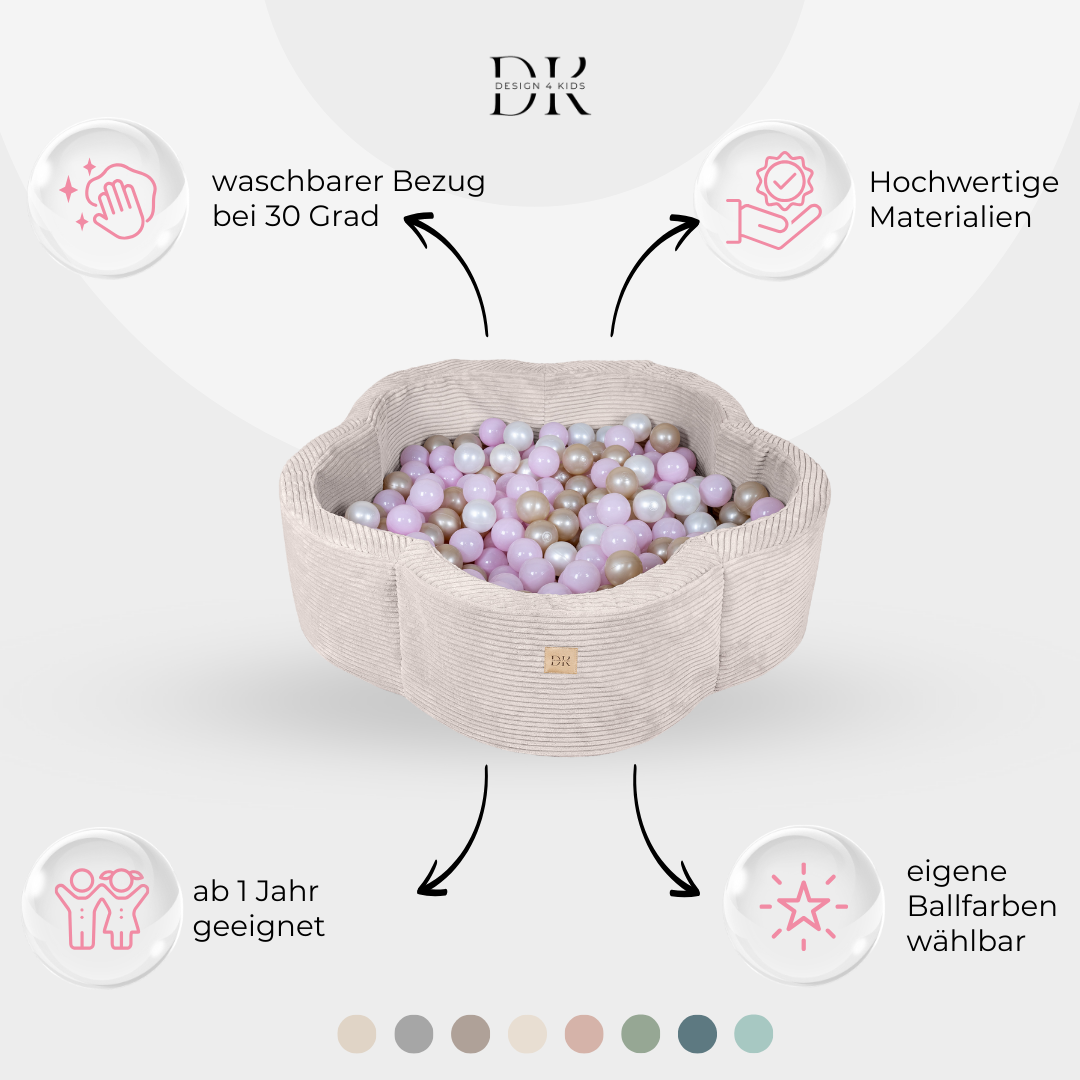 Design4Kids Bällebad Blume Jewel Cord mit Spielmatte, 200 Bälle - eigene Farbauswahl