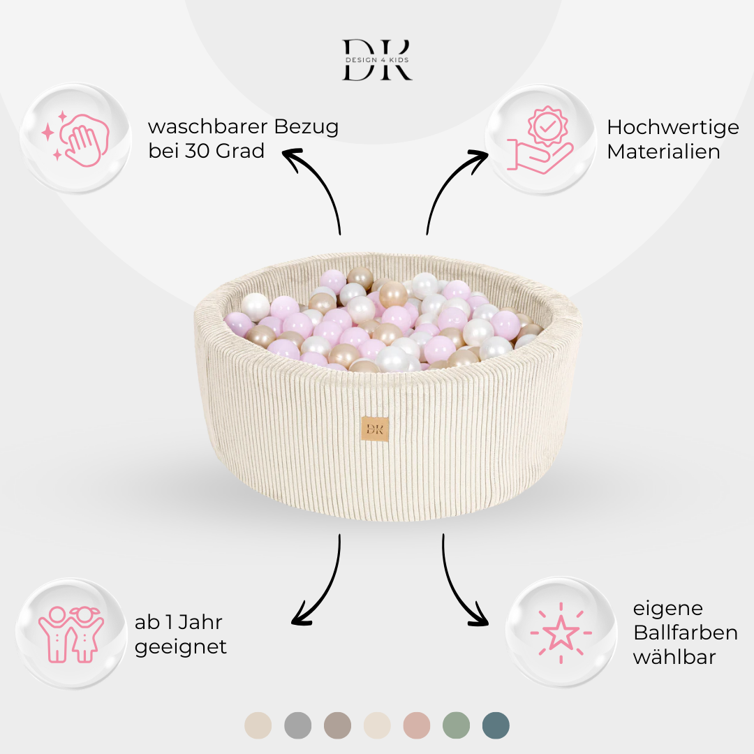 Design4Kids Bällebad Jewel 90x30cm Cord, 200 Bälle - eigene Farbauswahl