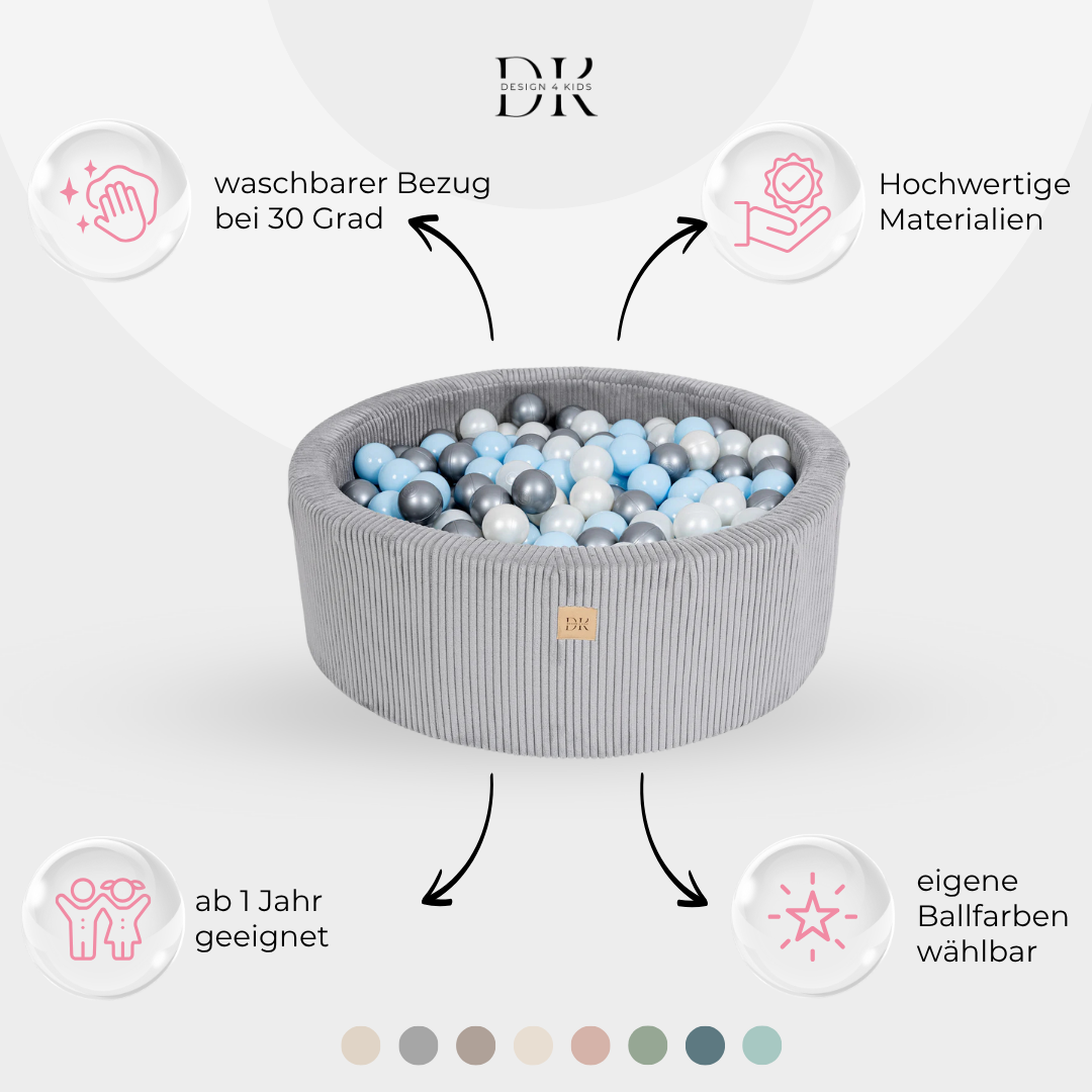 Design4Kids Bällebad Jewel 90x30cm Cord, 200 Bälle - eigene Farbauswahl