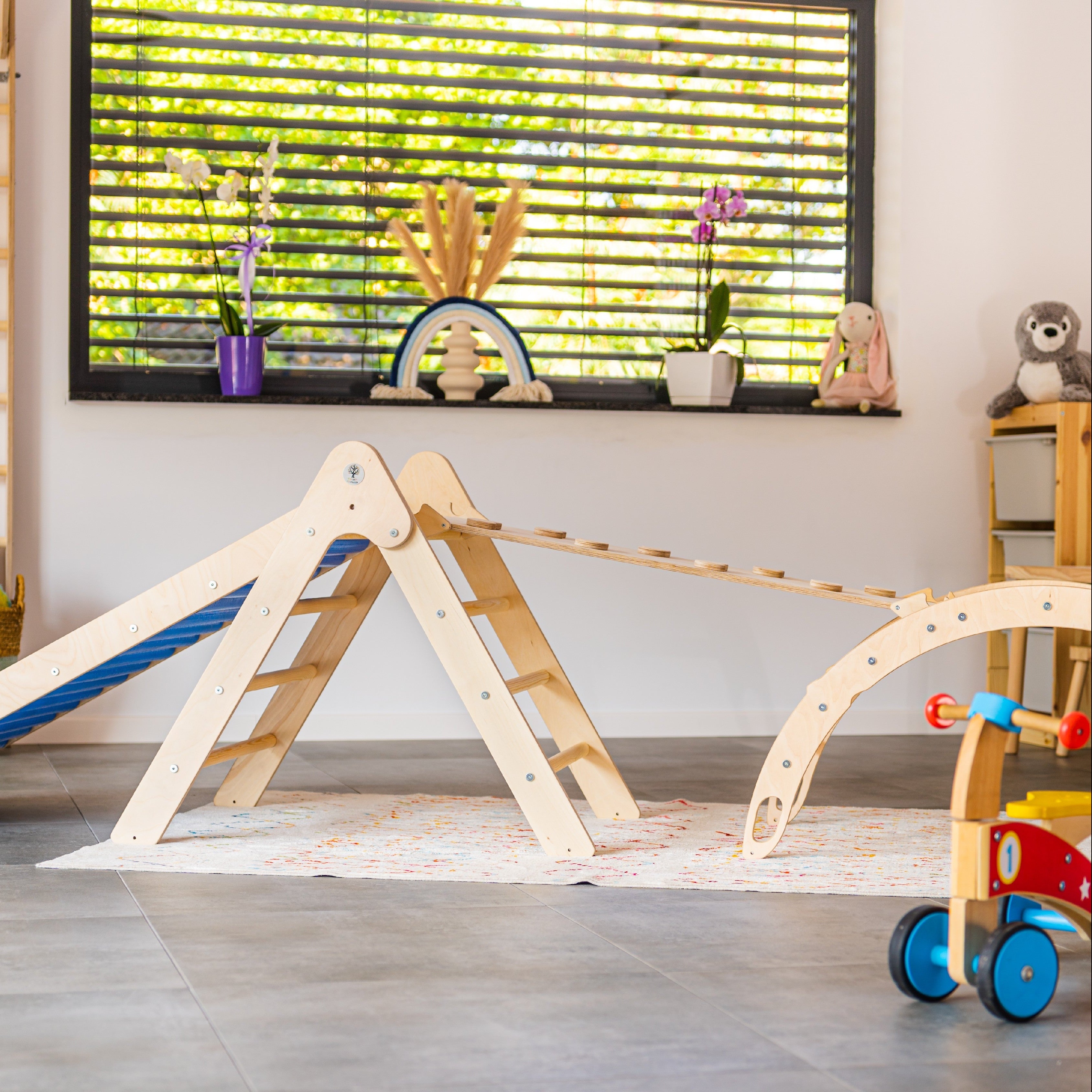 Design4Kids 4-in-1 Montessori Kletterset M - Kletterdreieck, Wippe, Klettersteig & Rollenrutsche