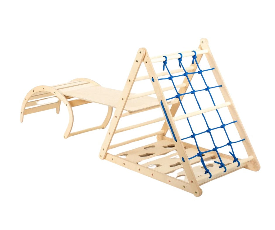 Design4Kids Montessori Kletterset Indri - dreiseitiges Kletterdreieck mit Nylonseil, Rutsche und Wippe