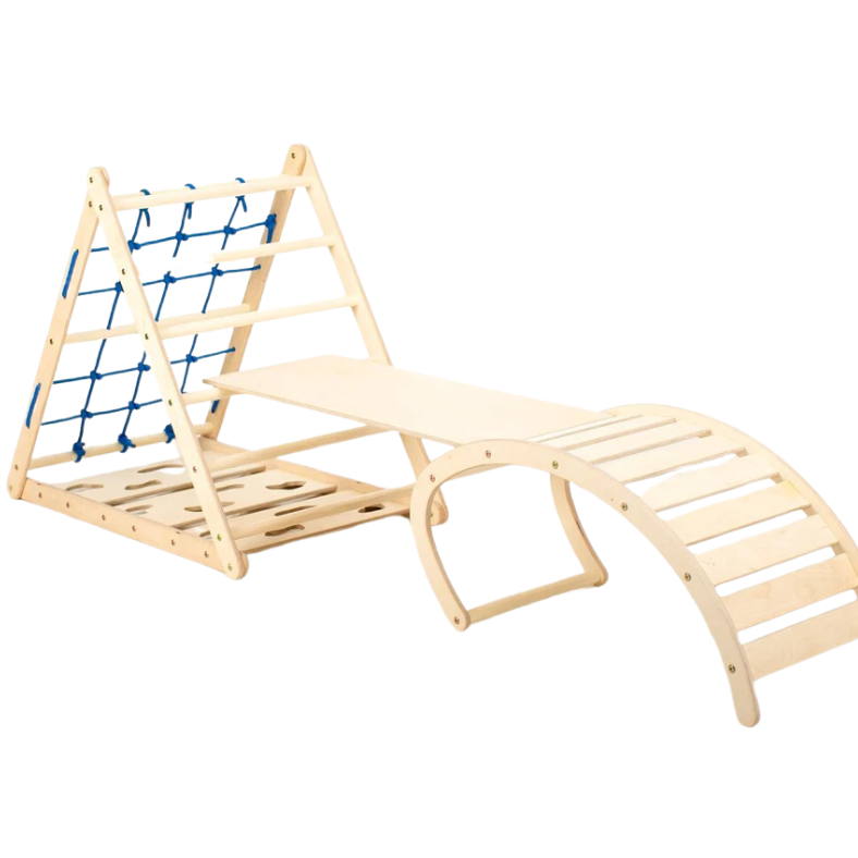 Design4Kids Montessori Kletterset Indri - dreiseitiges Kletterdreieck mit Nylonseil, Rutsche und Wippe