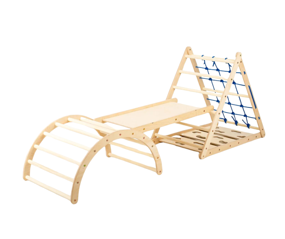 Design4Kids Montessori Kletterset Katta - dreiseitiges Kletterdreieck mit Nylonseil, Rutsche und Kletterbogen