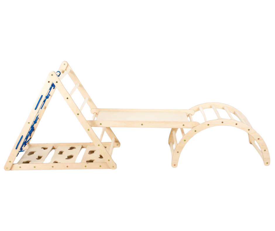 Design4Kids Montessori Kletterset Katta - dreiseitiges Kletterdreieck mit Nylonseil, Rutsche und Kletterbogen