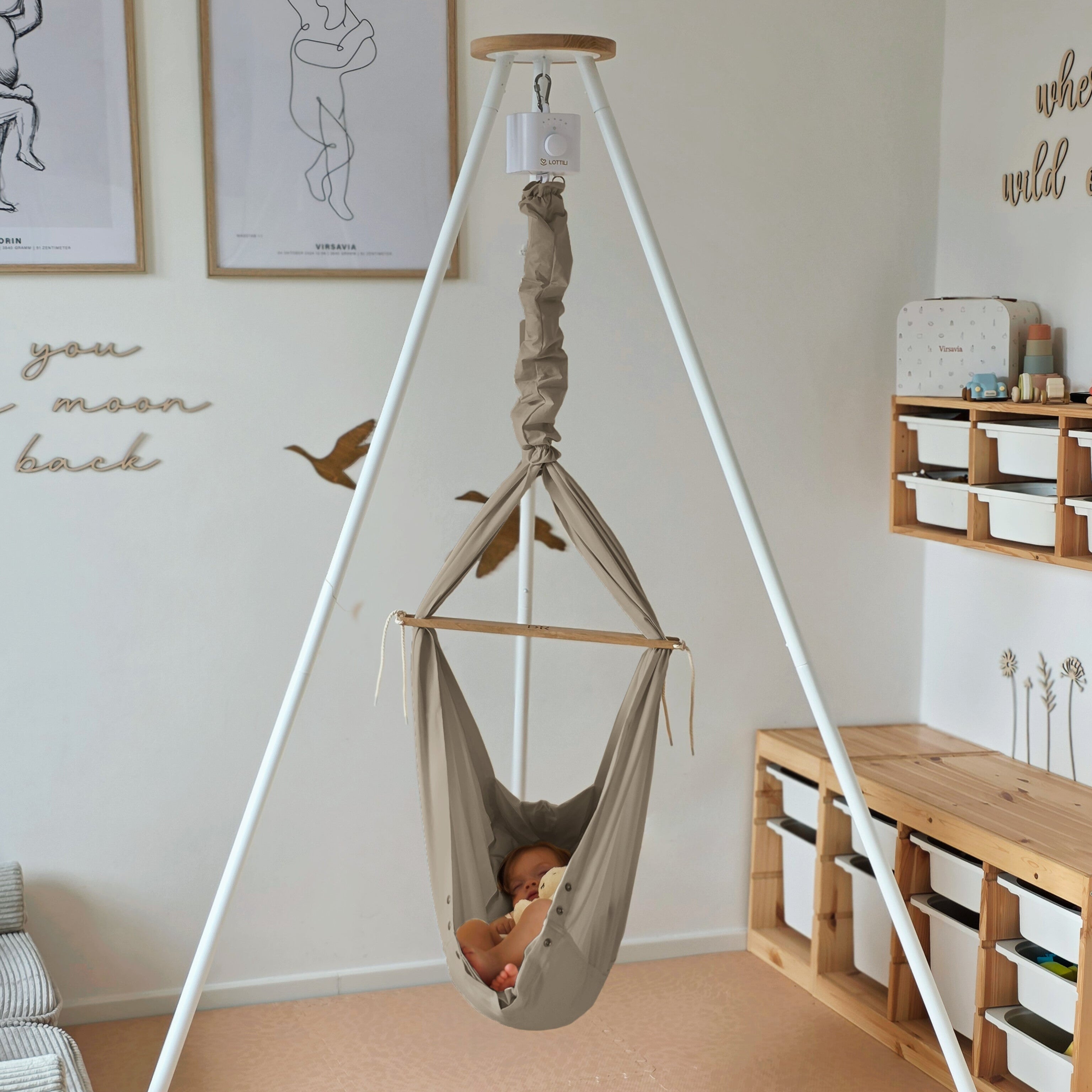 Design4Kids Federwiege Baby Classic, Bio-Baumwolle mit Motor & TIPI-Gestell