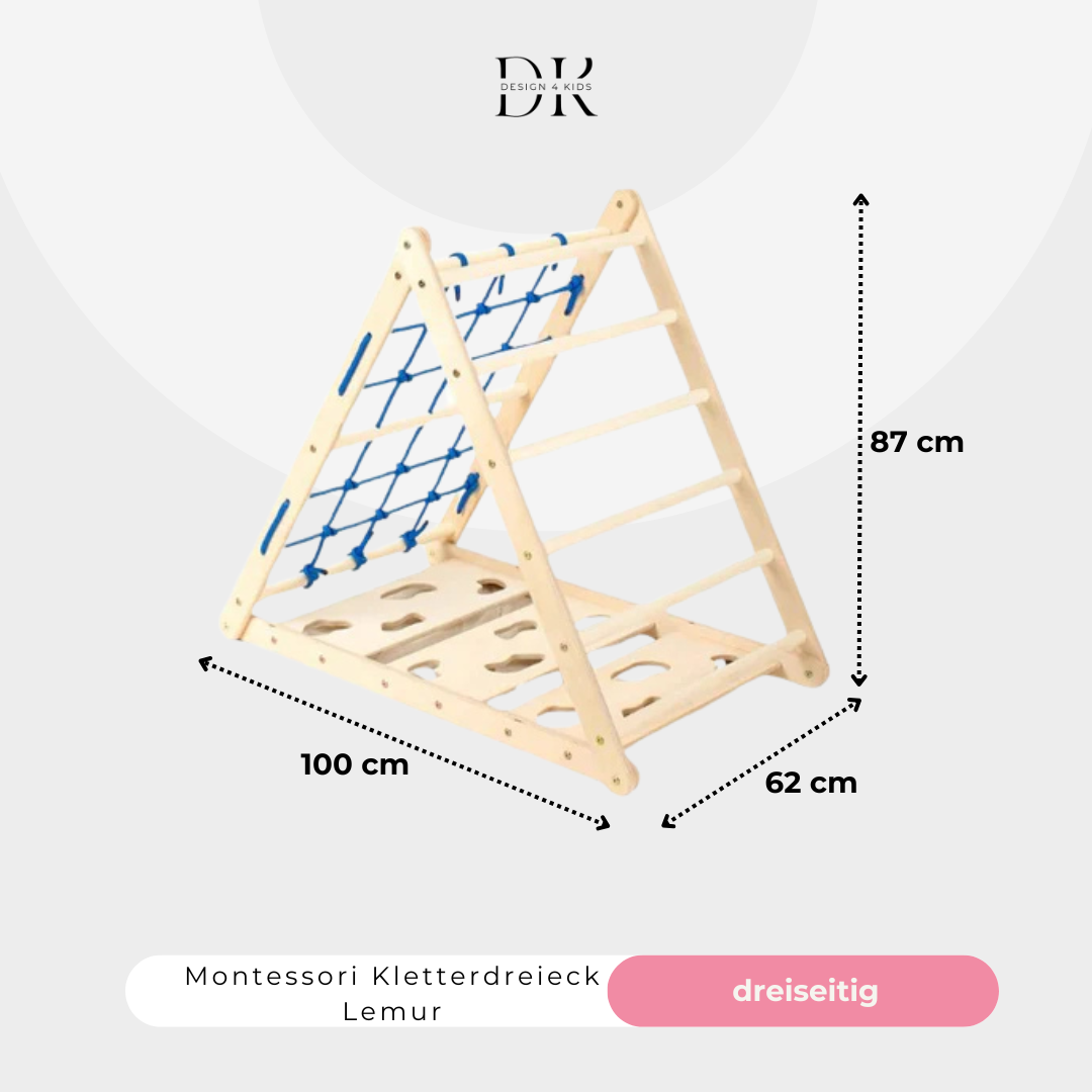 Design4Kids Montessori Kletterset Indri - dreiseitiges Kletterdreieck mit Nylonseil, Rutsche und Wippe