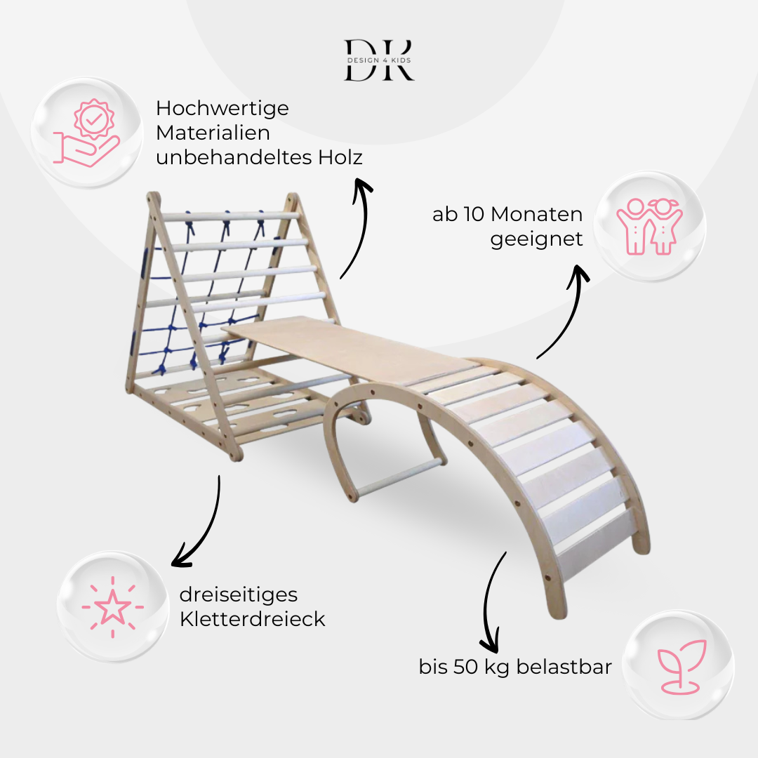 Design4Kids Montessori Kletterset Indri - dreiseitiges Kletterdreieck mit Nylonseil, Rutsche und Wippe