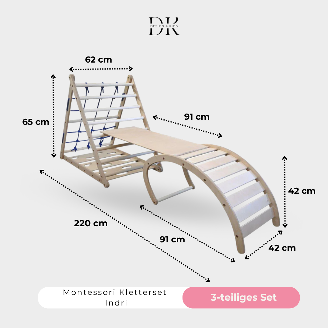 Design4Kids Montessori Kletterset Indri - dreiseitiges Kletterdreieck mit Nylonseil, Rutsche und Wippe