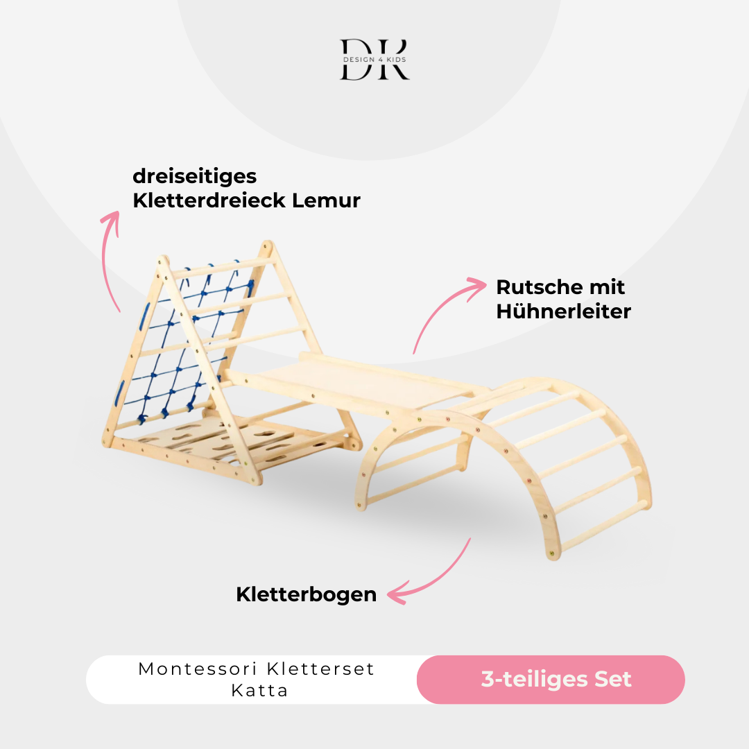 Design4Kids Montessori Kletterset Katta - dreiseitiges Kletterdreieck mit Nylonseil, Rutsche und Kletterbogen