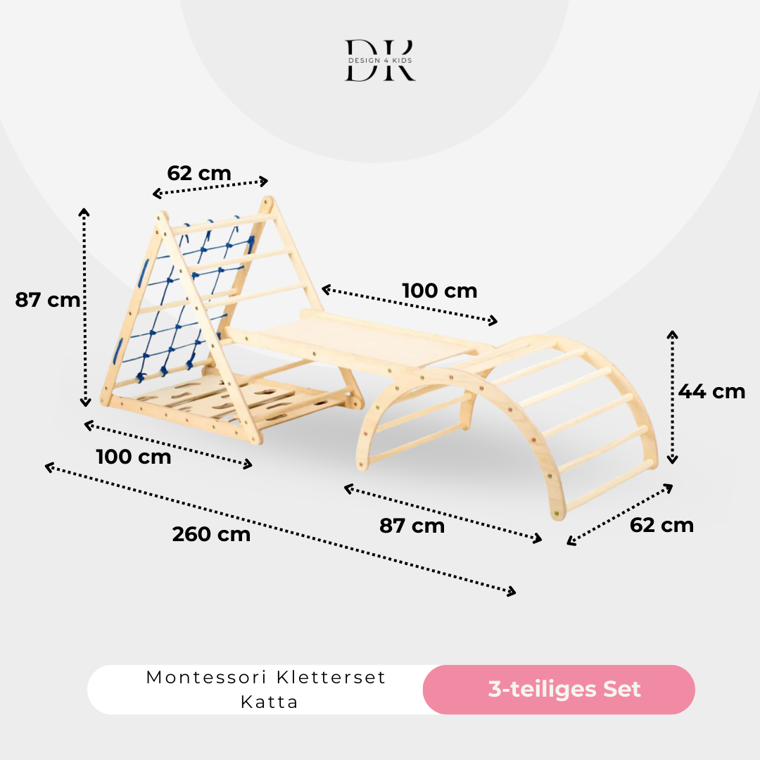 Design4Kids Montessori Kletterset Katta - dreiseitiges Kletterdreieck mit Nylonseil, Rutsche und Kletterbogen