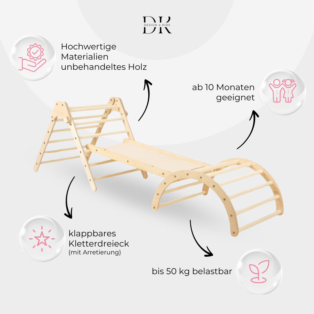 Design4Kids Montessori Kletterset Tarsier - Pikler-Kletterdreieck mit Rutsche und Kletterbogen
