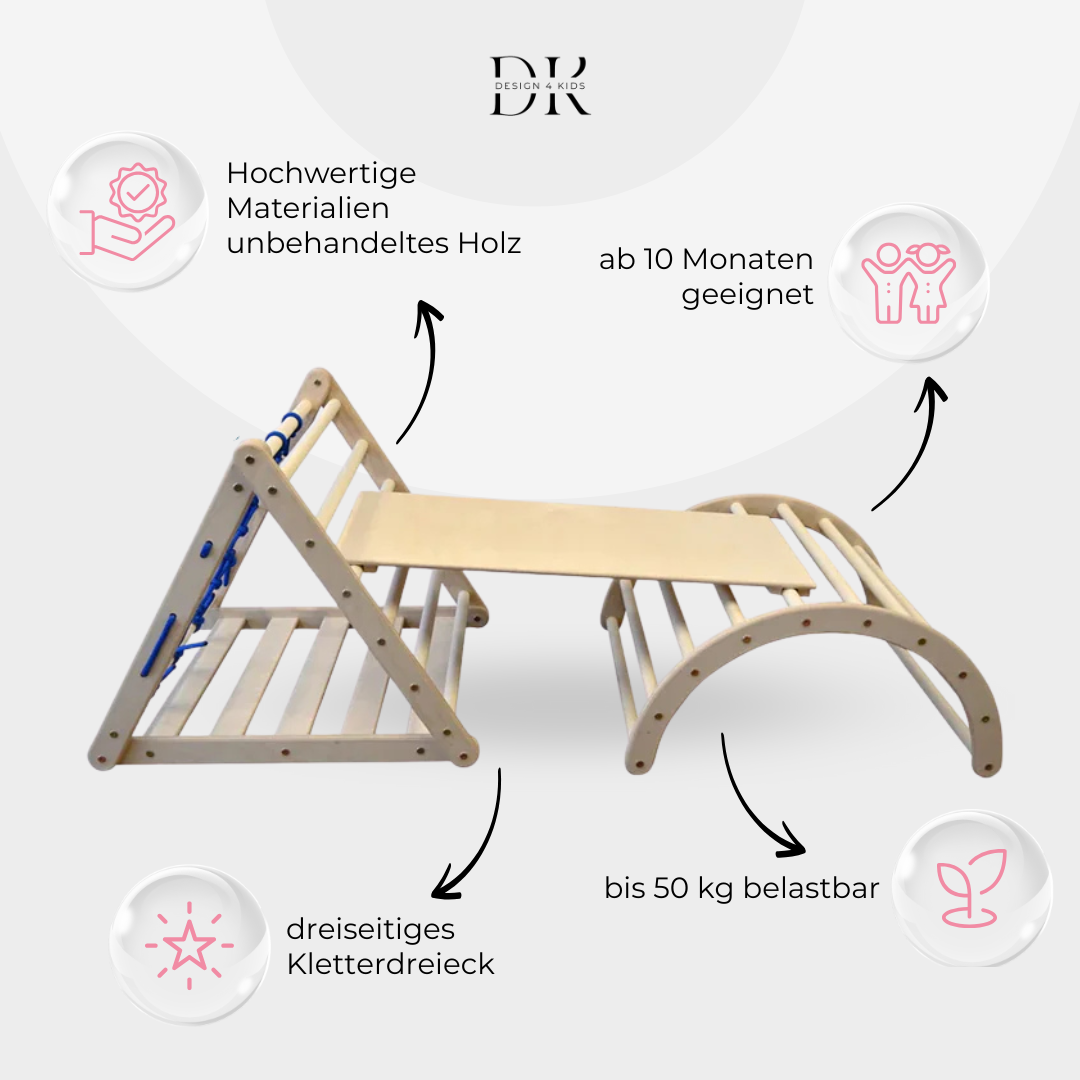 Design4Kids Montessori Kletterset Vari - dreiseitiges Kletterdreieck mit Nylonseil, Rutsche und Kletterbogen