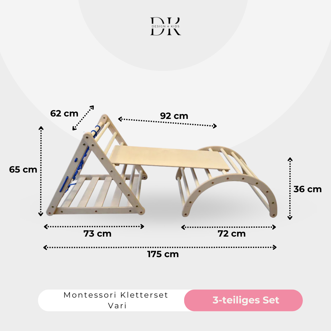 Design4Kids Montessori Kletterset Vari - dreiseitiges Kletterdreieck mit Nylonseil, Rutsche und Kletterbogen
