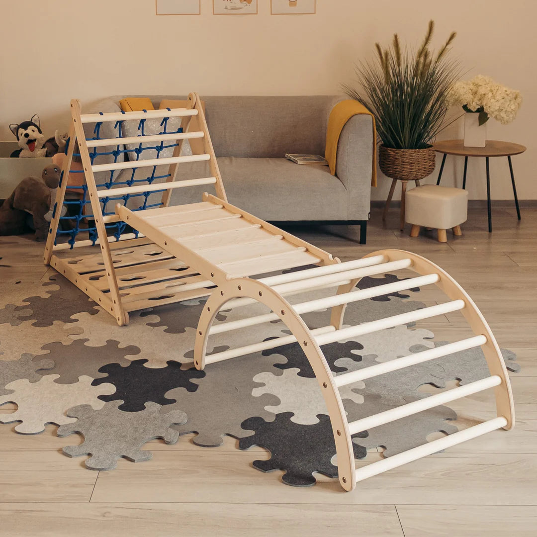 Design4Kids Montessori Kletterset Katta - dreiseitiges Kletterdreieck mit Nylonseil, Rutsche und Kletterbogen