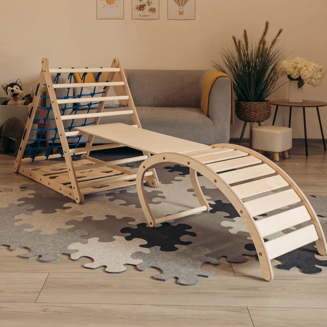 Design4Kids Montessori Kletterset Indri - dreiseitiges Kletterdreieck mit Nylonseil, Rutsche und Wippe