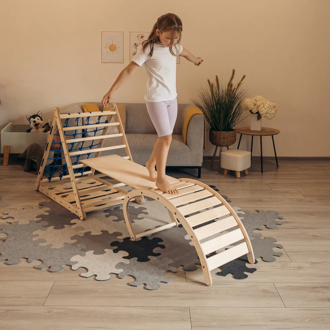 Design4Kids Montessori Kletterset Indri - dreiseitiges Kletterdreieck mit Nylonseil, Rutsche und Wippe