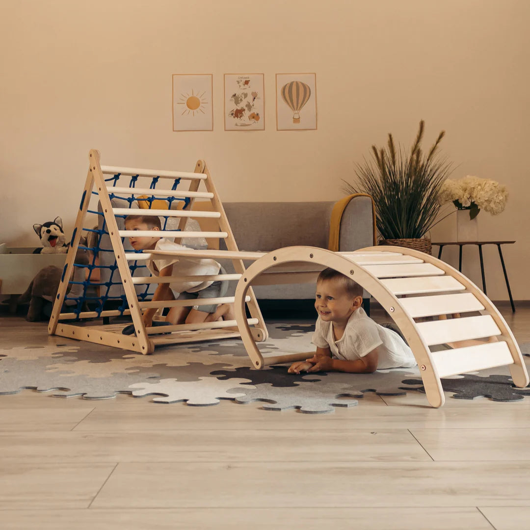 Design4Kids Montessori Kletterset Indri - dreiseitiges Kletterdreieck mit Nylonseil, Rutsche und Wippe