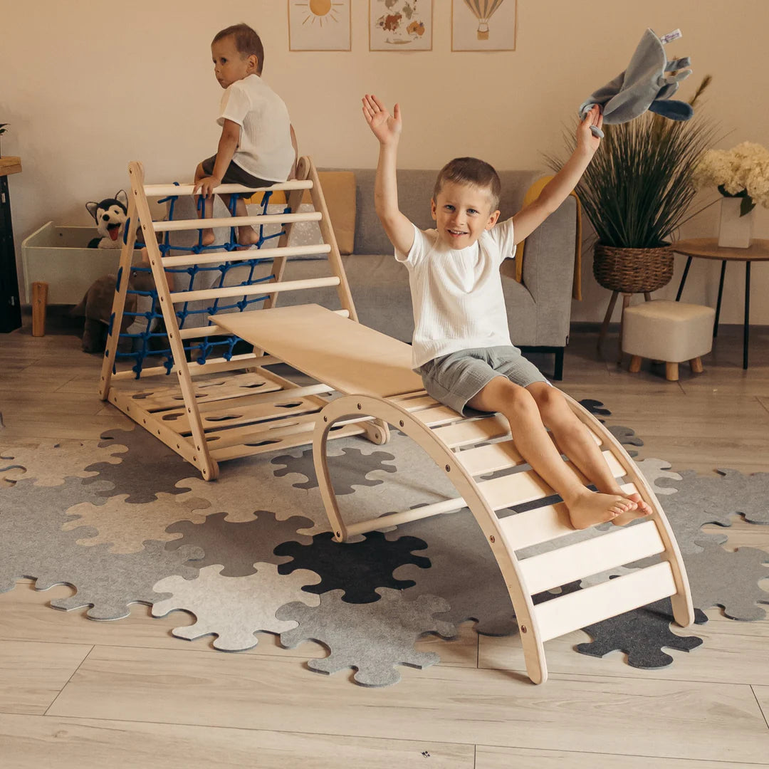 Design4Kids Montessori Kletterset Indri - dreiseitiges Kletterdreieck mit Nylonseil, Rutsche und Wippe