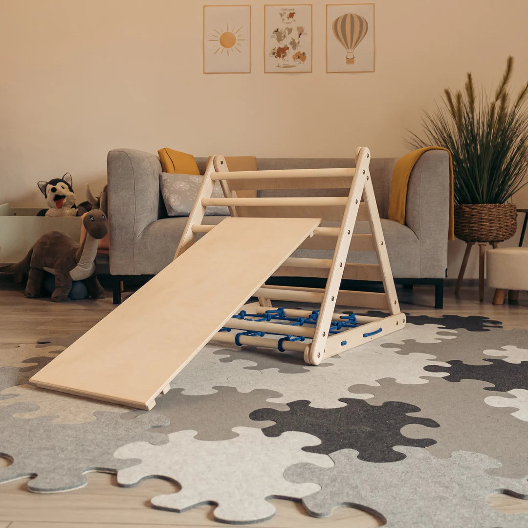Design4Kids Montessori Kletterset Vari - dreiseitiges Kletterdreieck mit Nylonseil, Rutsche und Kletterbogen
