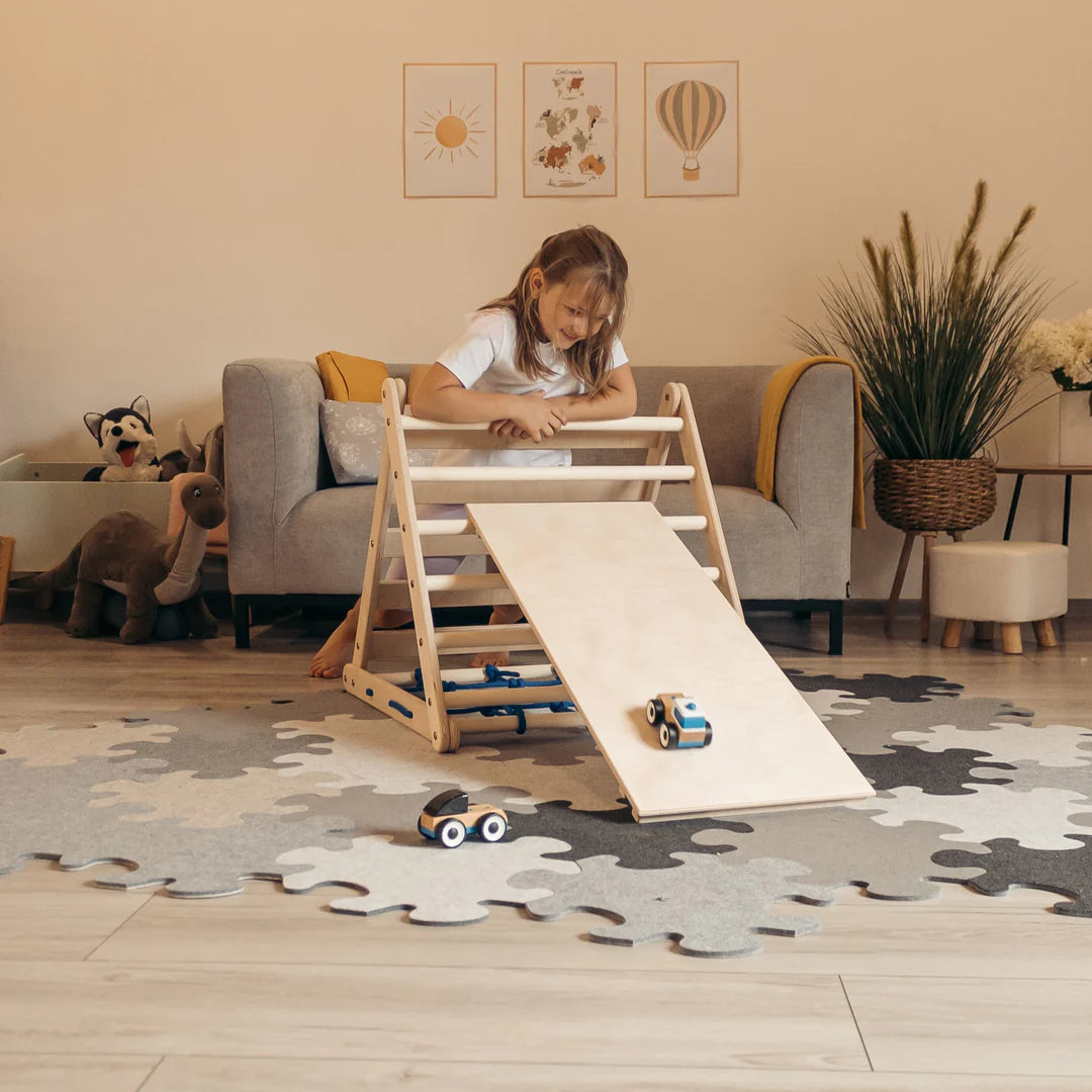 Design4Kids Montessori Kletterset Vari - dreiseitiges Kletterdreieck mit Nylonseil, Rutsche und Kletterbogen