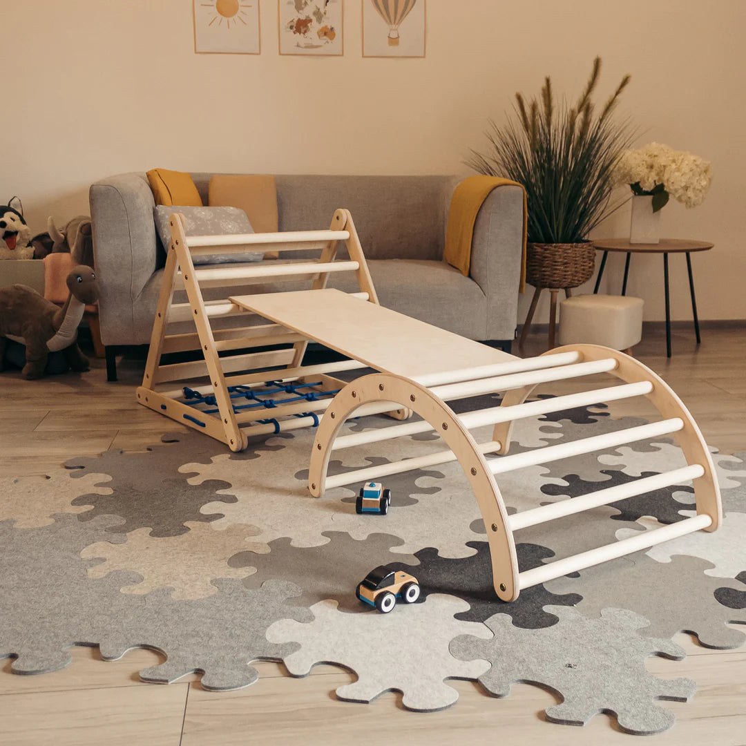 Design4Kids Montessori Kletterset Vari - dreiseitiges Kletterdreieck mit Nylonseil, Rutsche und Kletterbogen