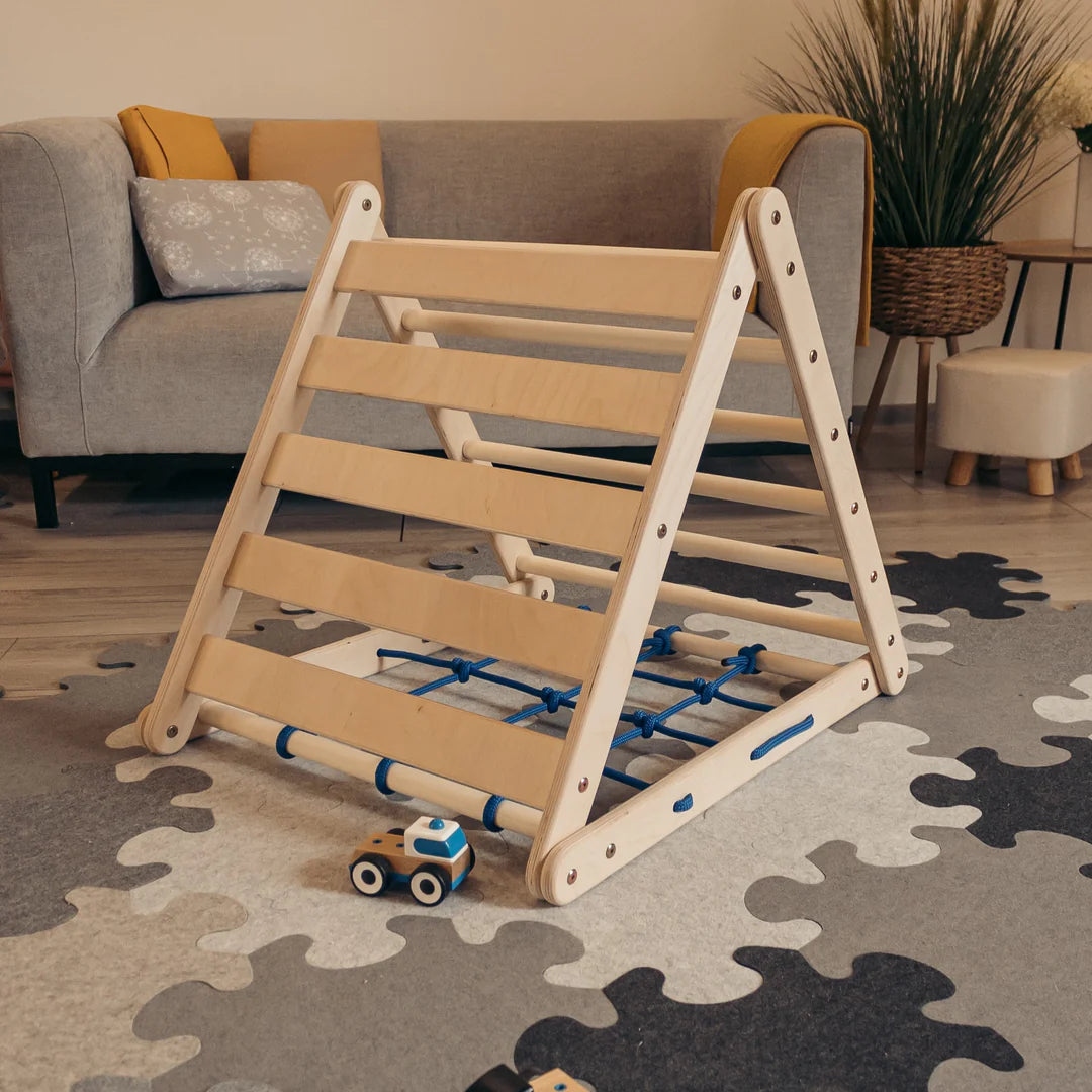 Design4Kids Montessori Kletterset Vari - dreiseitiges Kletterdreieck mit Nylonseil, Rutsche und Kletterbogen