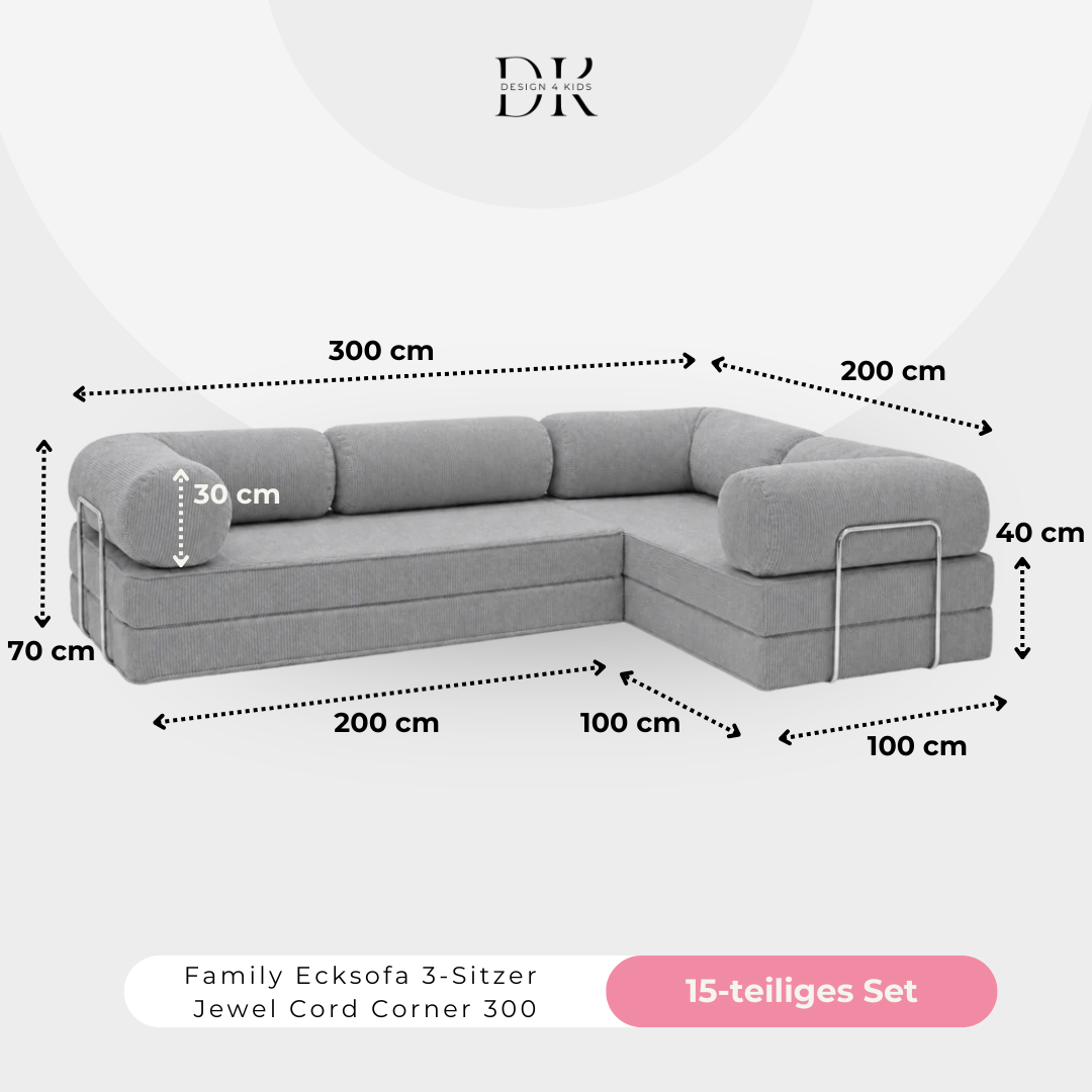 Design4Kids Family Ecksofa 3-Sitzer Jewel Cord Corner 300