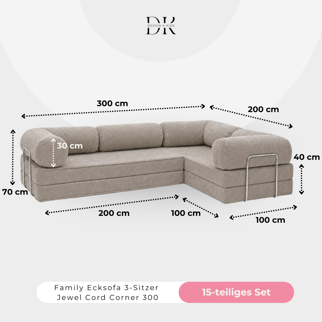 Design4Kids Family Ecksofa 3-Sitzer Jewel Cord Corner 300